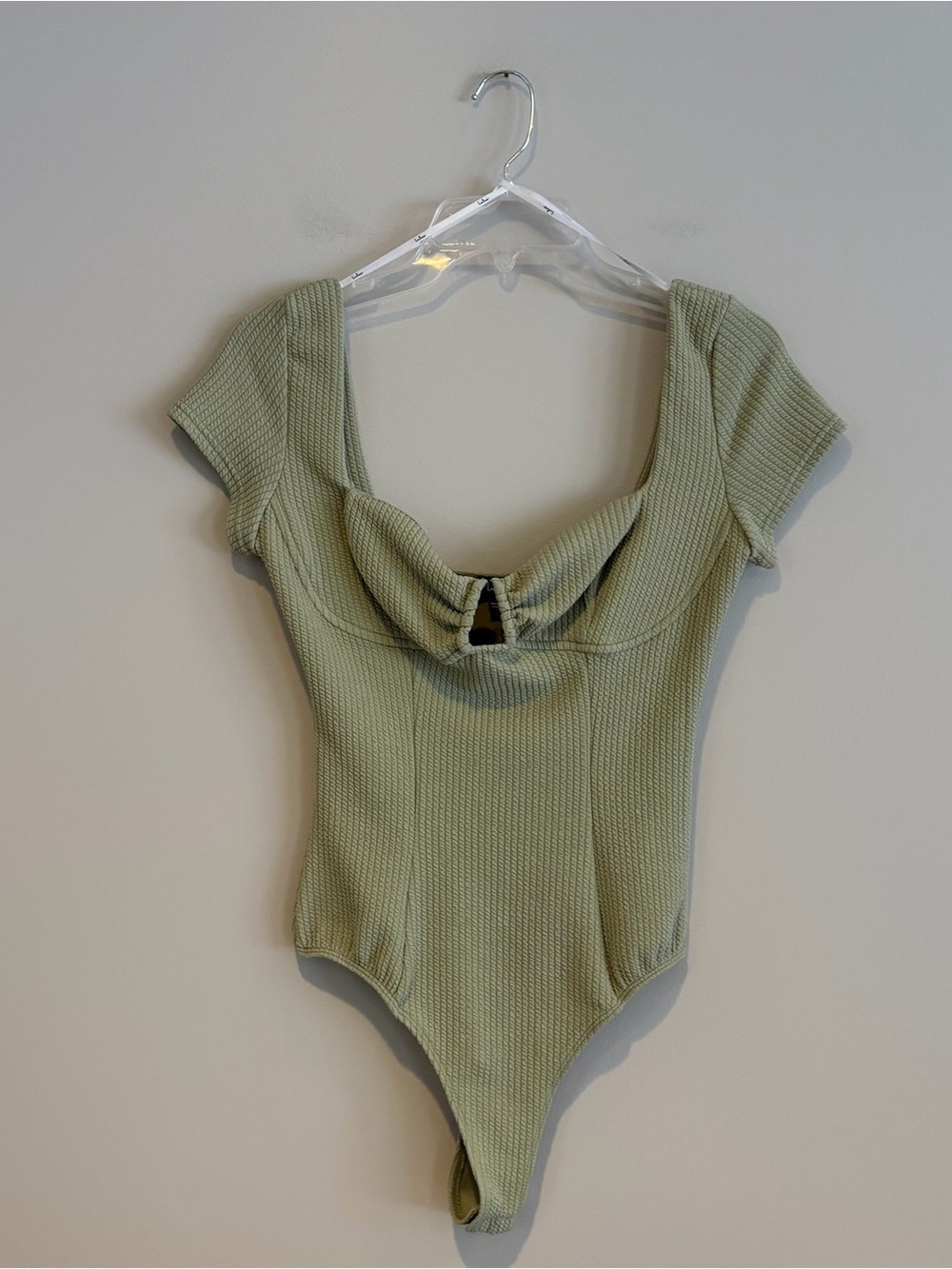 Lulu's Sage Green Ribbed Twist Front Bodysuit Size L